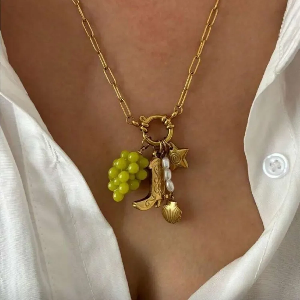 Gold Charm Pendant Necklace with Lime Green Grape Charm R346